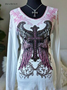 USA New Vocal Apparel Women's Crystal White Cross Angel Wings Whipstitch Shirt M
